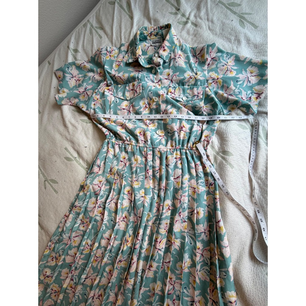 Vintage Classics by Leslie Fay Mint Floral Pleated Midi Shirt Dress Size 8 Retro - Picture 3 of 8